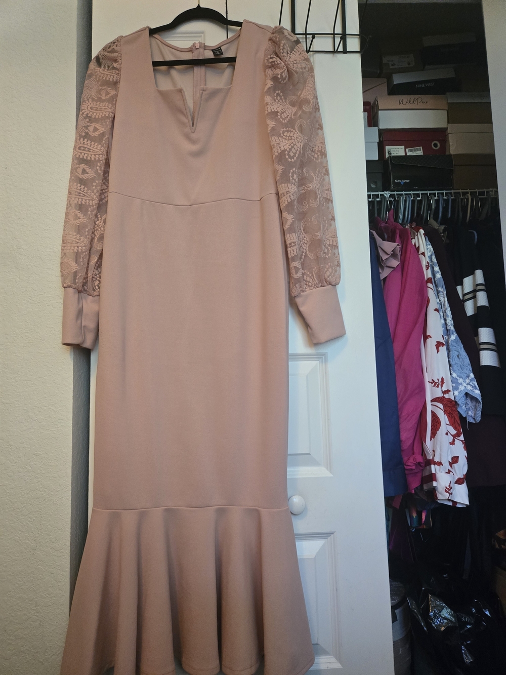 Elegant Blush Lace-Sleeve Mermaid Hem Dress